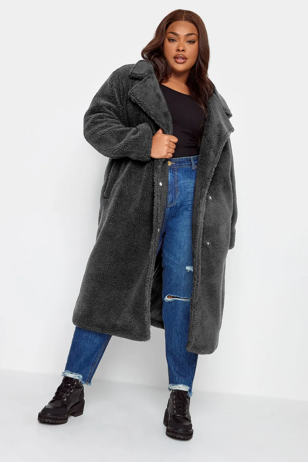 YOURS Curve White & Black Check Teddy Maxi Coat