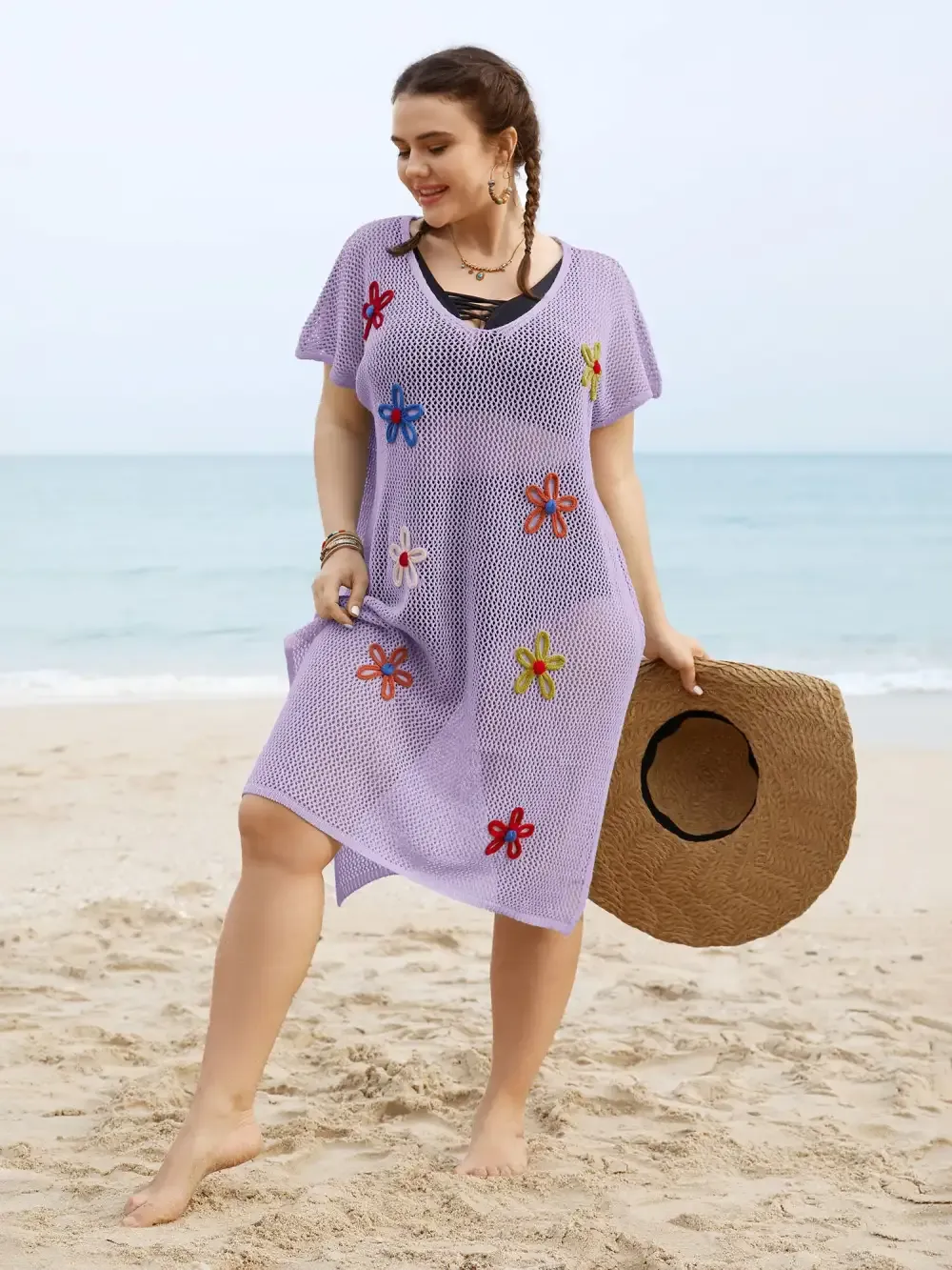 Stereo Flower Design Slit Hem Swim Cover Up