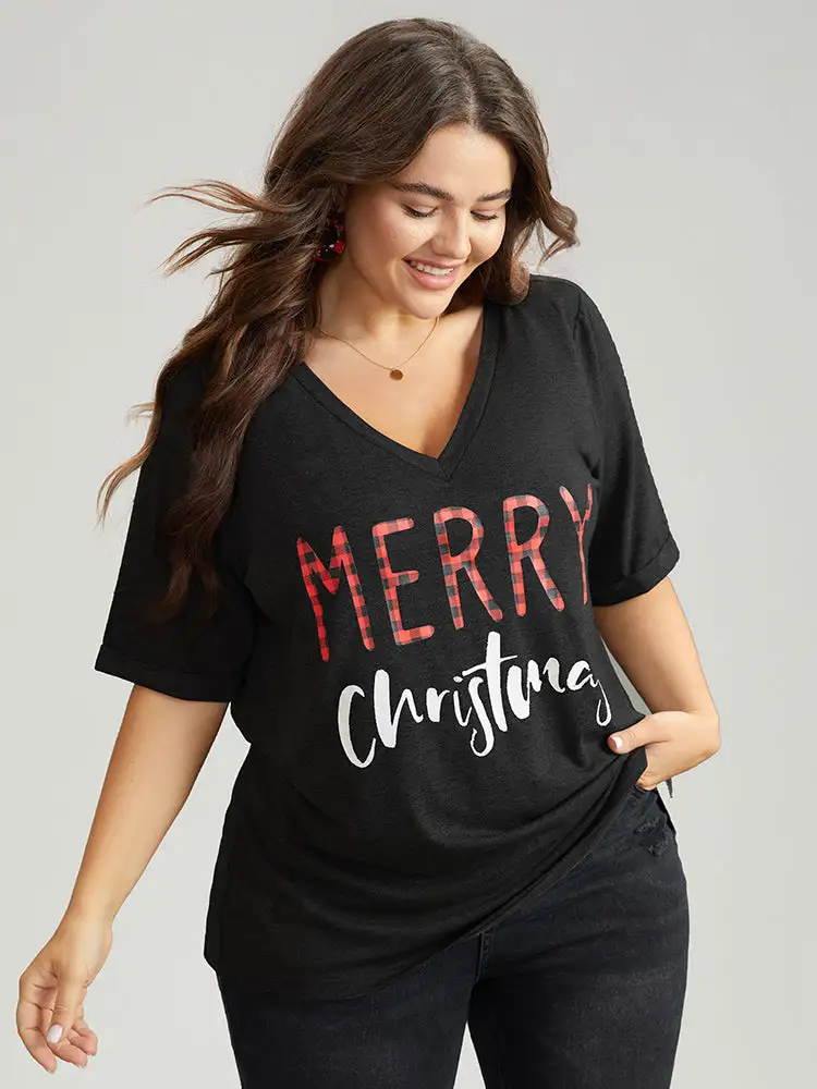 Christmas Gingham Patchwork V Neck T-shirt