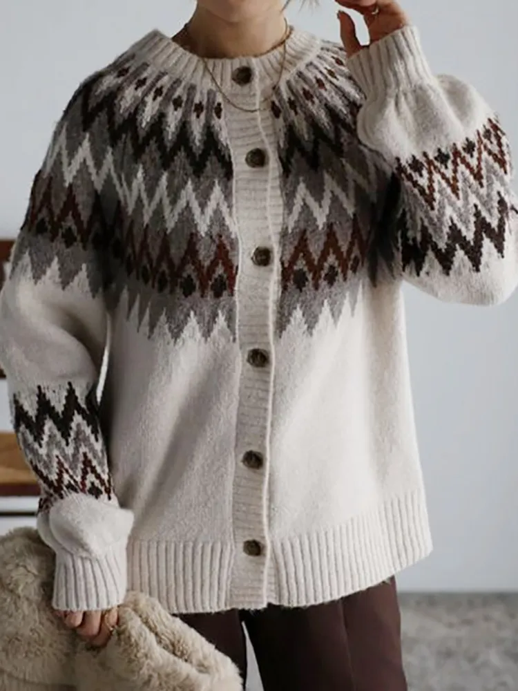 Geometric Contrast Jacquard Button Wool Cardigan