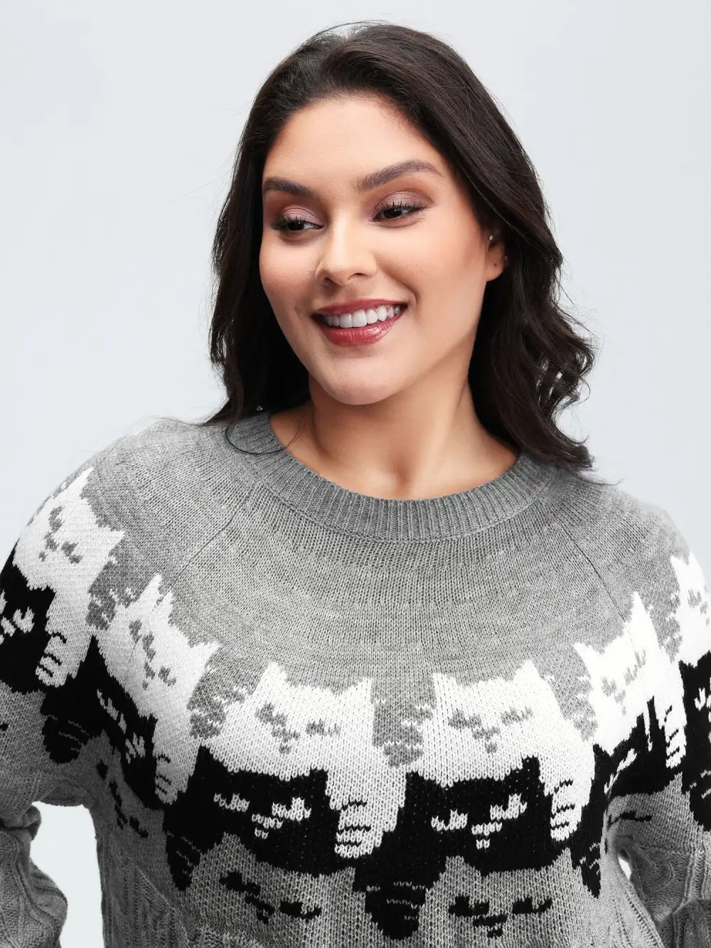 Color Block Cat Pattern Arc Hem Pullover