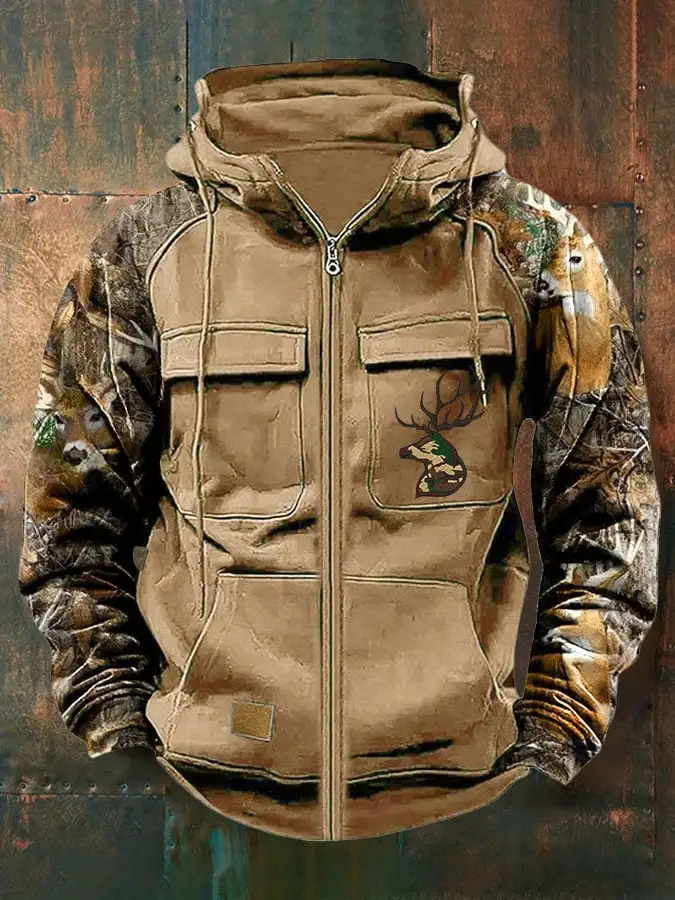 Men's Vintage Western Deer Print Multi-Pocket Jacket