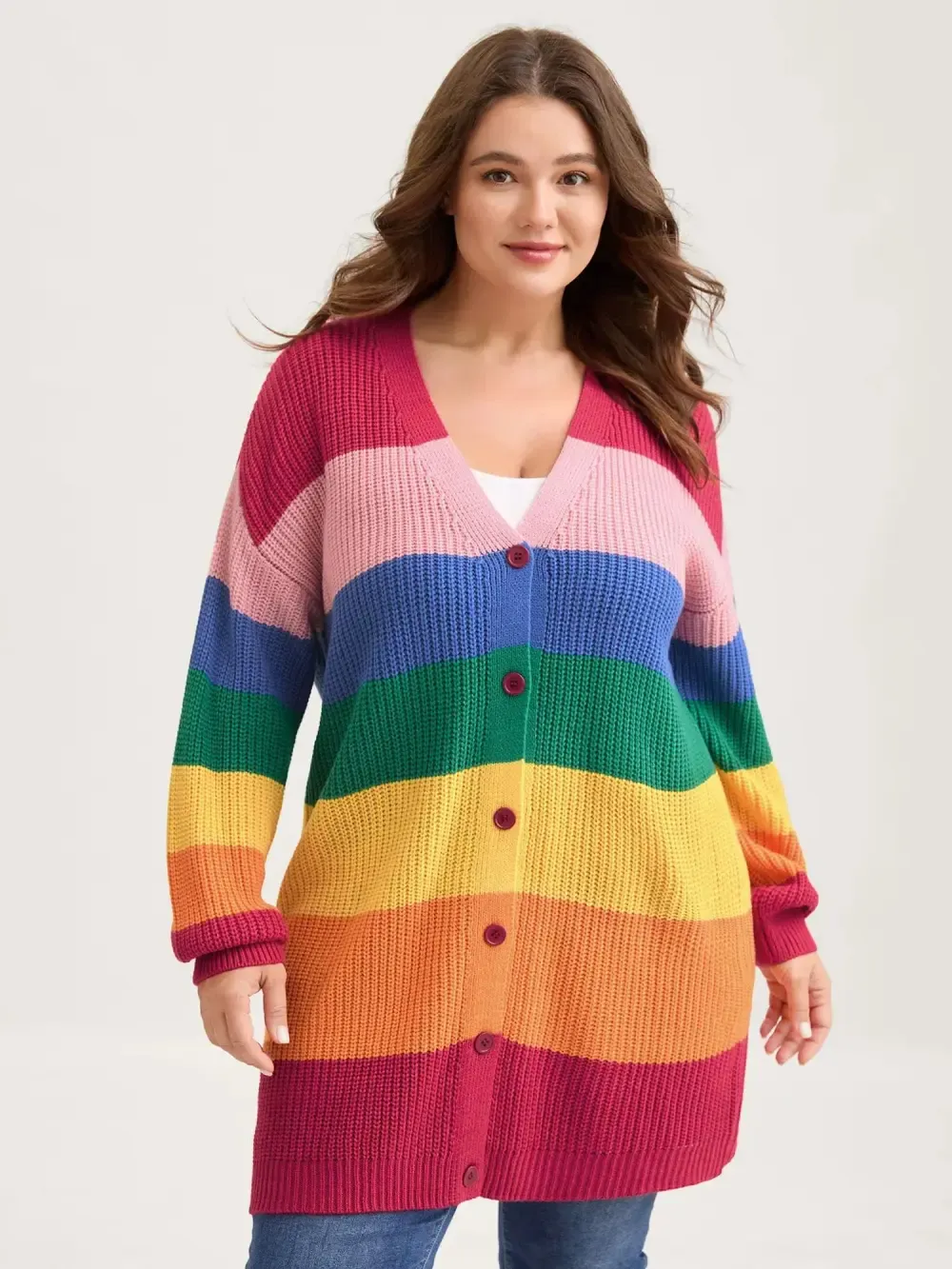 Colorblock Contrast Texture Button Cardigan