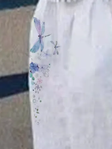 Daily Casual Cotton Linen Floral Dragonfly Print Baggy Pant