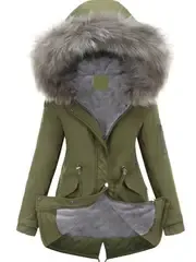 Elegant Women's Olive Green Parka - Mid-Length Warm Fleece-Lined Winter Coat with Hood, Side Pockets, and Zip-Up Front