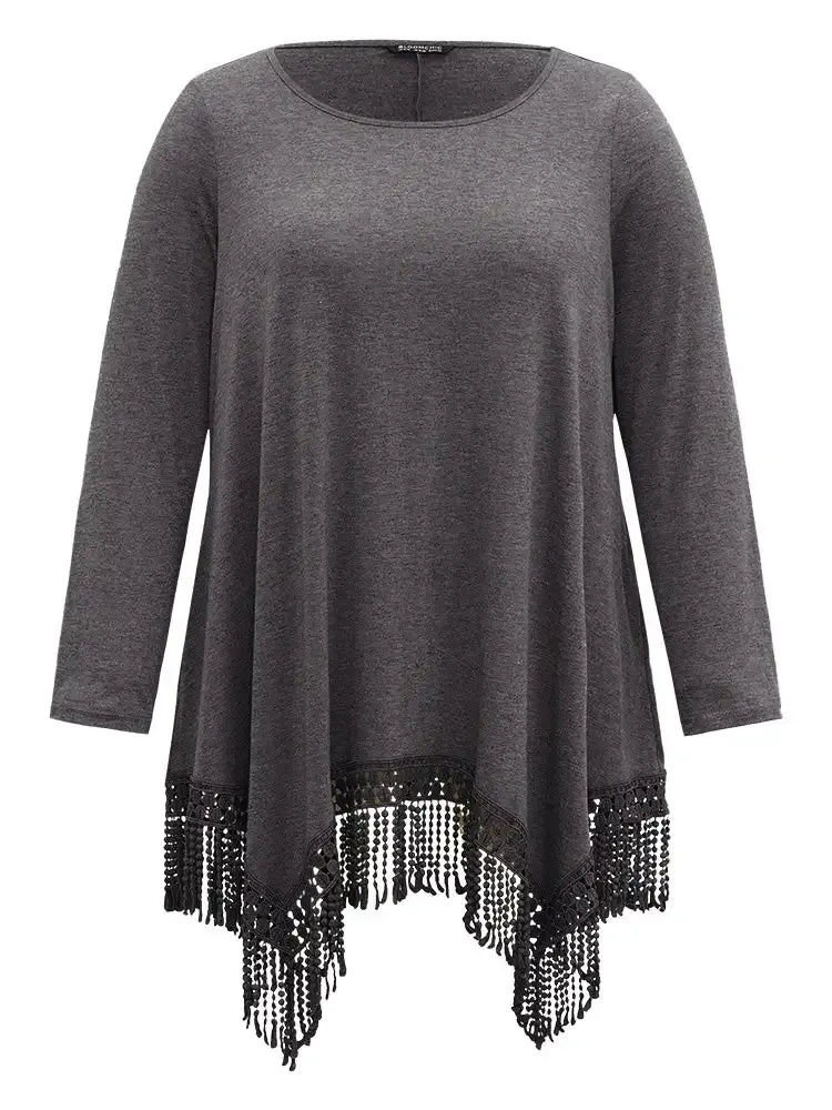 Solid Tassels Trim Pocket Asymmetrical Hem T-Shirt