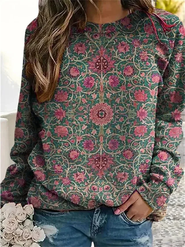 Women's Sweatshirt Pullover Vintage Sports Fashion Red Blue Green Floral Vintage Ethnic Street Casual Round Neck Long Sleeve Top Micro-elastic Fall & Winter