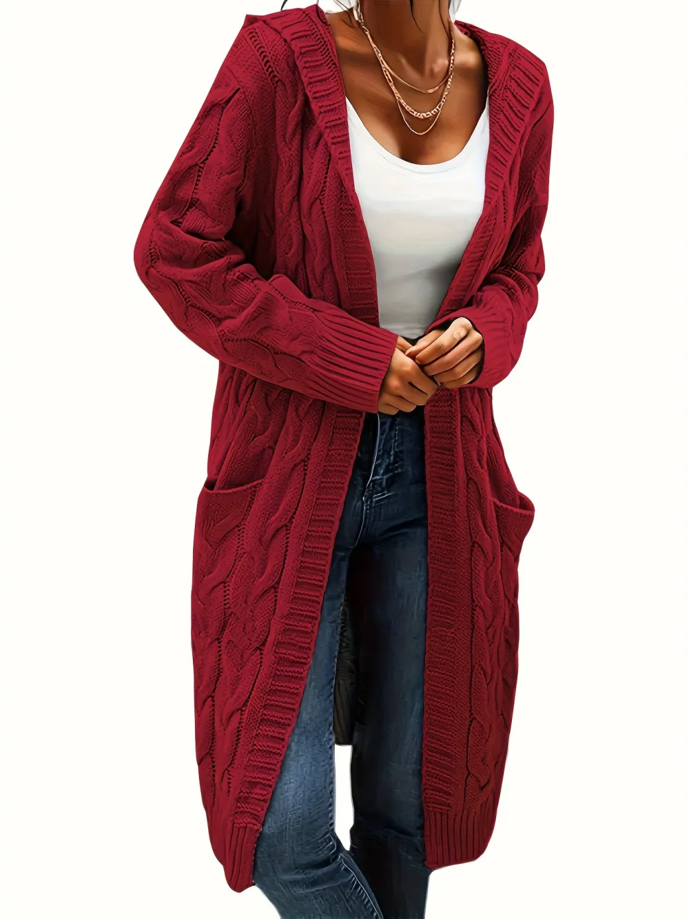 Cozy Long Sleeve Mid-Length Solid Color Cable Knit Hooded Cardigan - Soft Micro Elasticity Polyester, Casual Pocket Sweater for Women