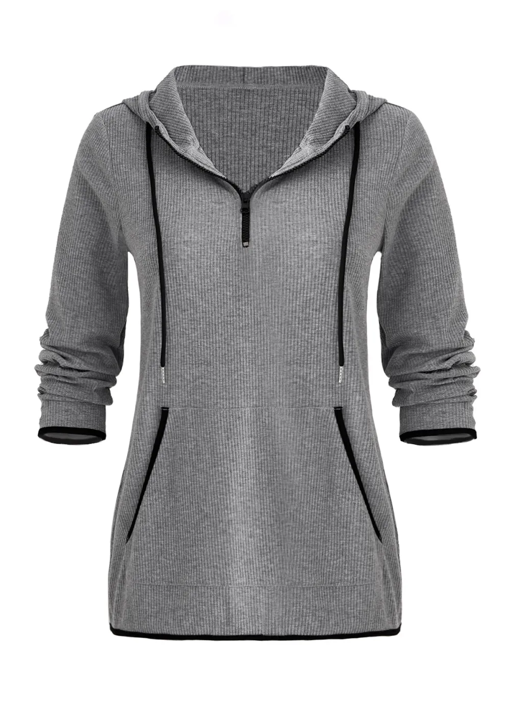 Grey Pocket Zipper Long Sleeve Hoodie