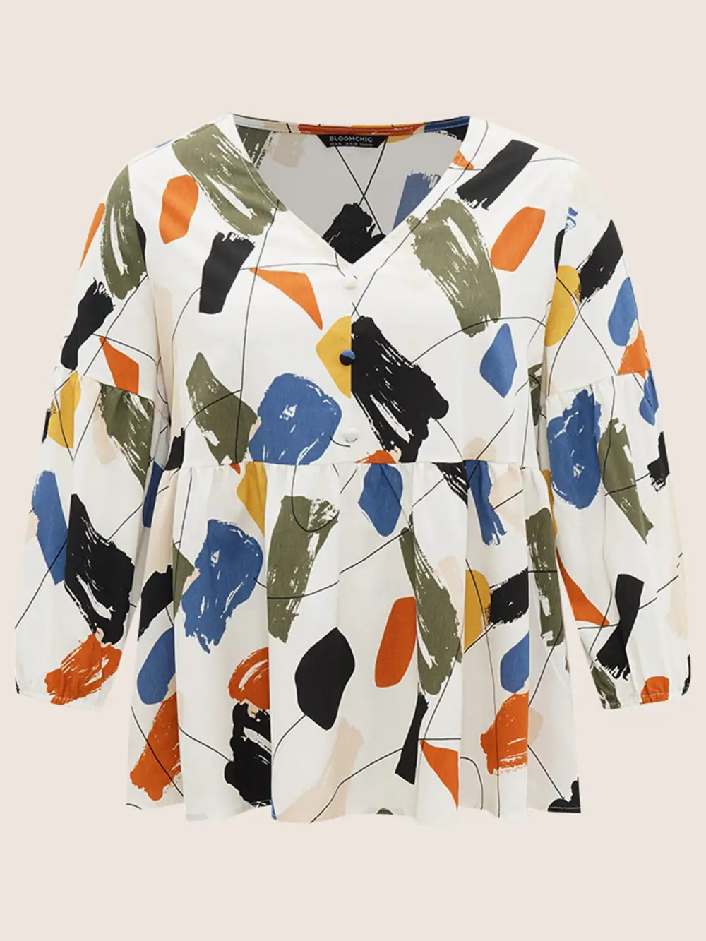 Brush Print Button Detail Elastic Cuffs Blouse