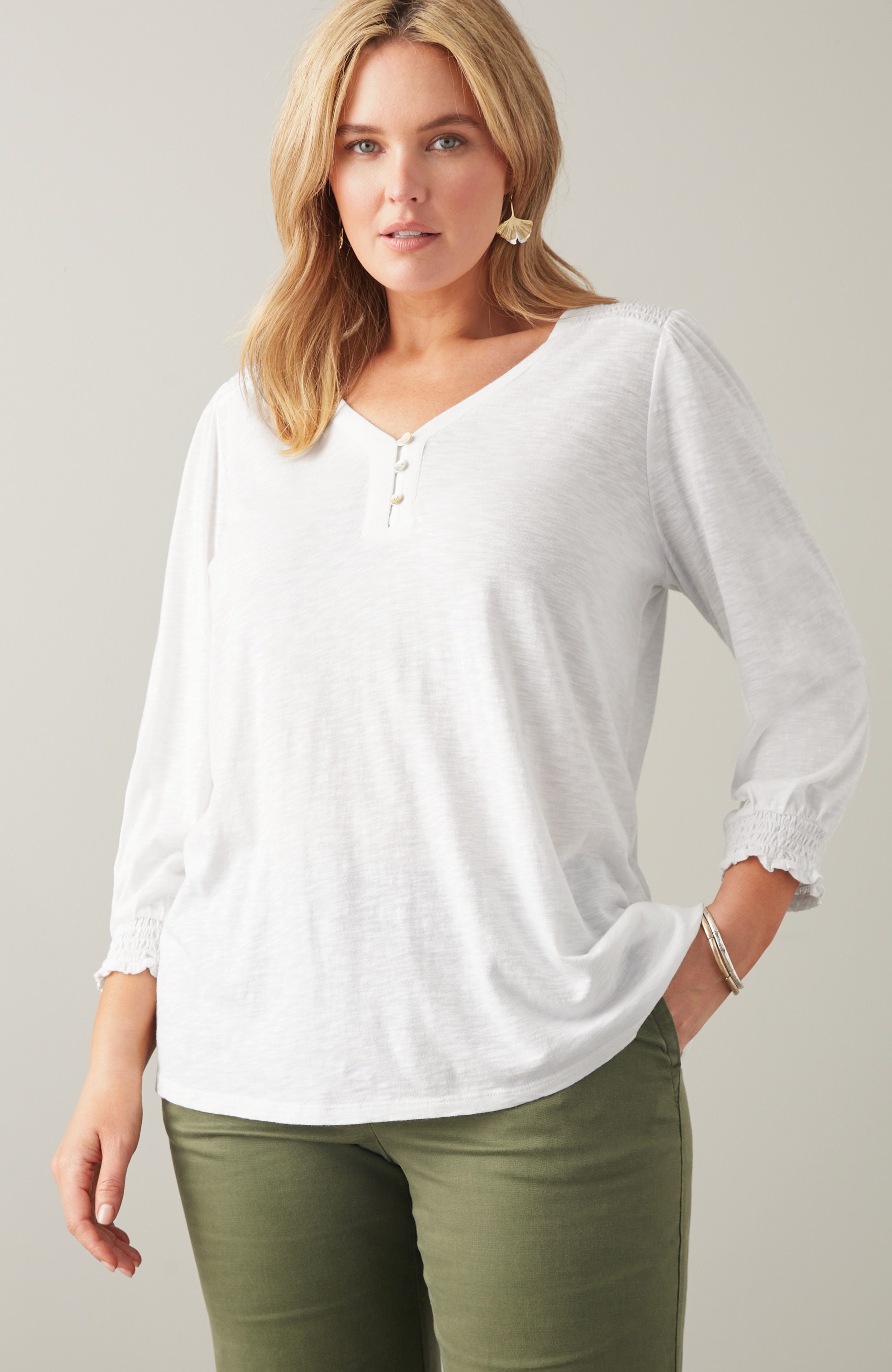 Smocked-Sleeve Henley Top