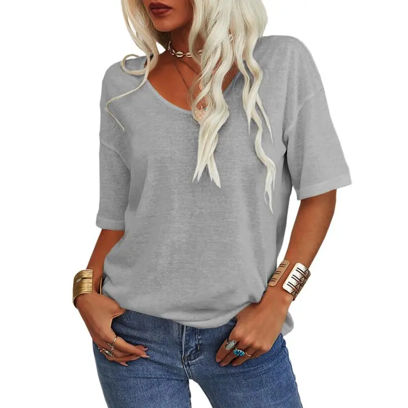 Women’s V-Neck Cotton T-Shirt – Solid Color, Lightweight Half Sleeve Casual Top for Summer & Fall