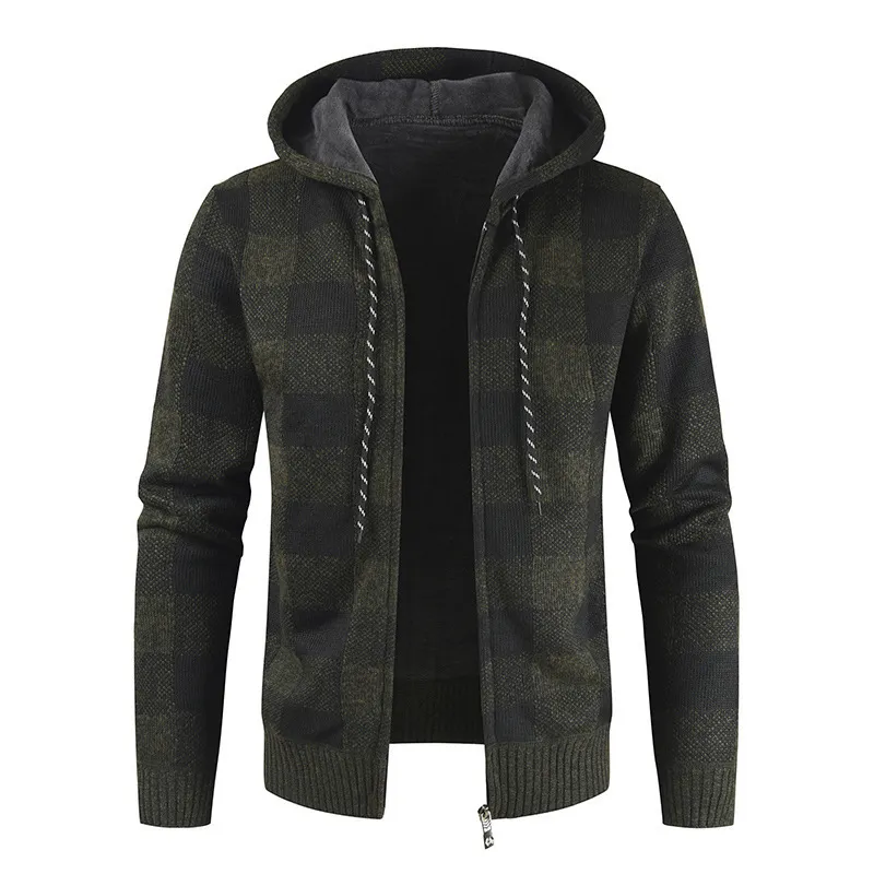 Men's Retro Check Knit Cardigan Hooded Jacket