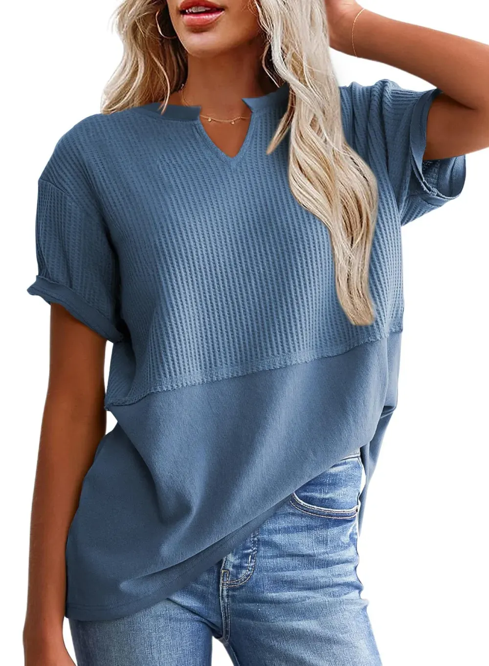 ✨Women's Casual V Neck Waffle Knit Tops Short Sleeve T Shirts