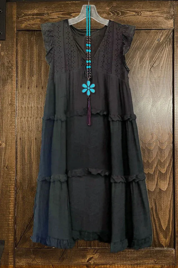 Solid Hollow Out Ruffled V-Neck Dress