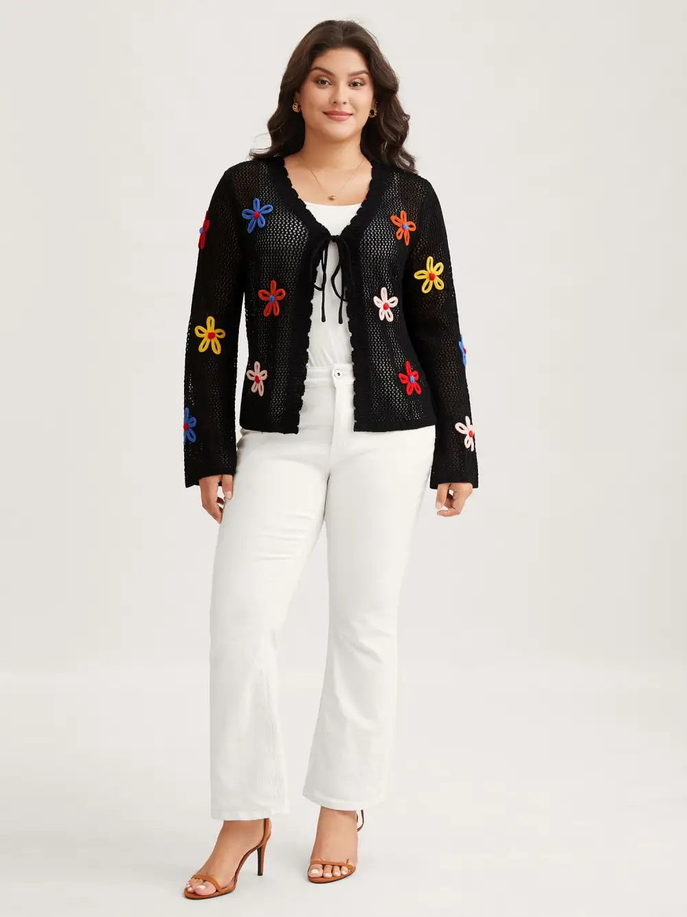 Knit Floral Front Tie Cardigan