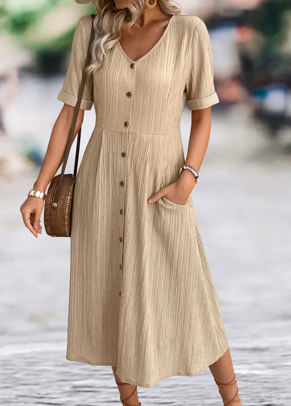 Light Coffee A Line Short Sleeve V Neck Dress