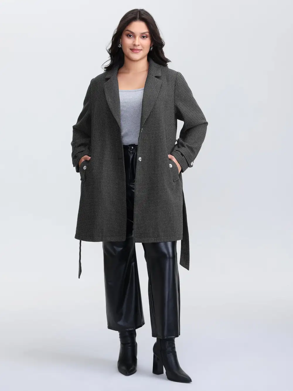 Houndstooth Button Detail Belted Coat