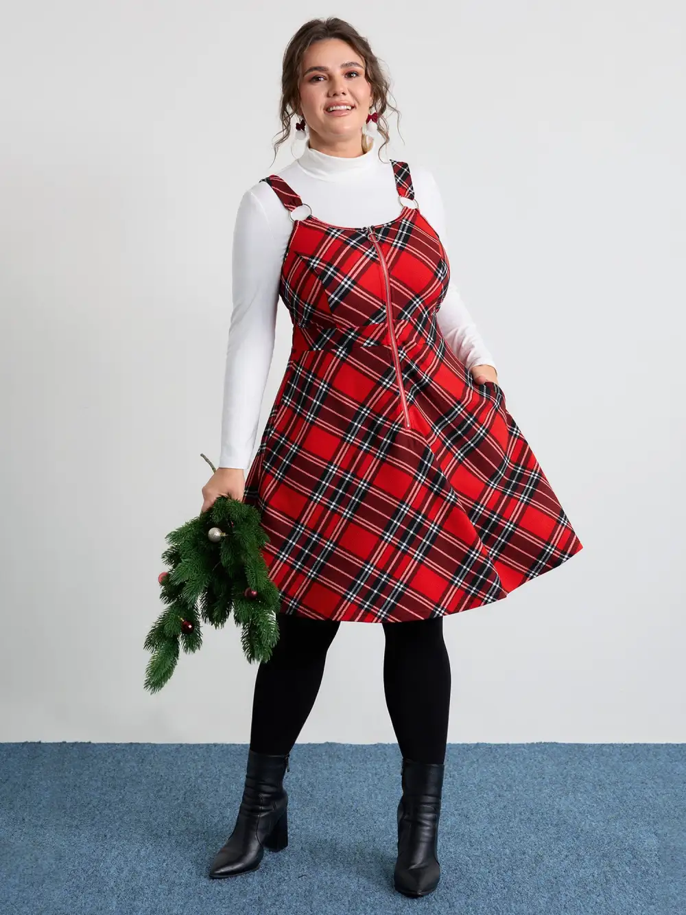 Plaid Print Zipper Overall Straps Mini Dress