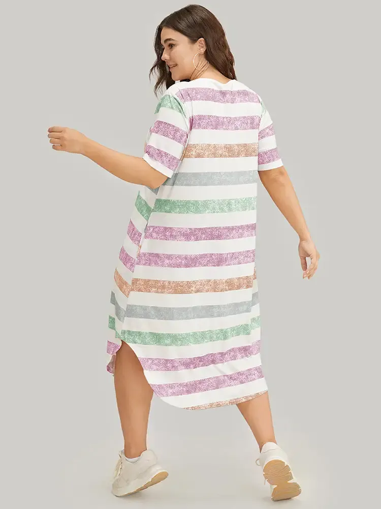 Striped Contrast Arc Hem V Neck Pocket Dress