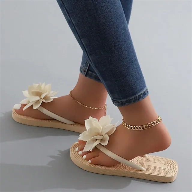Women's Slippers Boho Bohemia Beach Outdoor Slippers Beach Slippers Outdoor Beach Solid Color Flower Flat Heel Elegant Casual PVC Loafer Black Pink Green