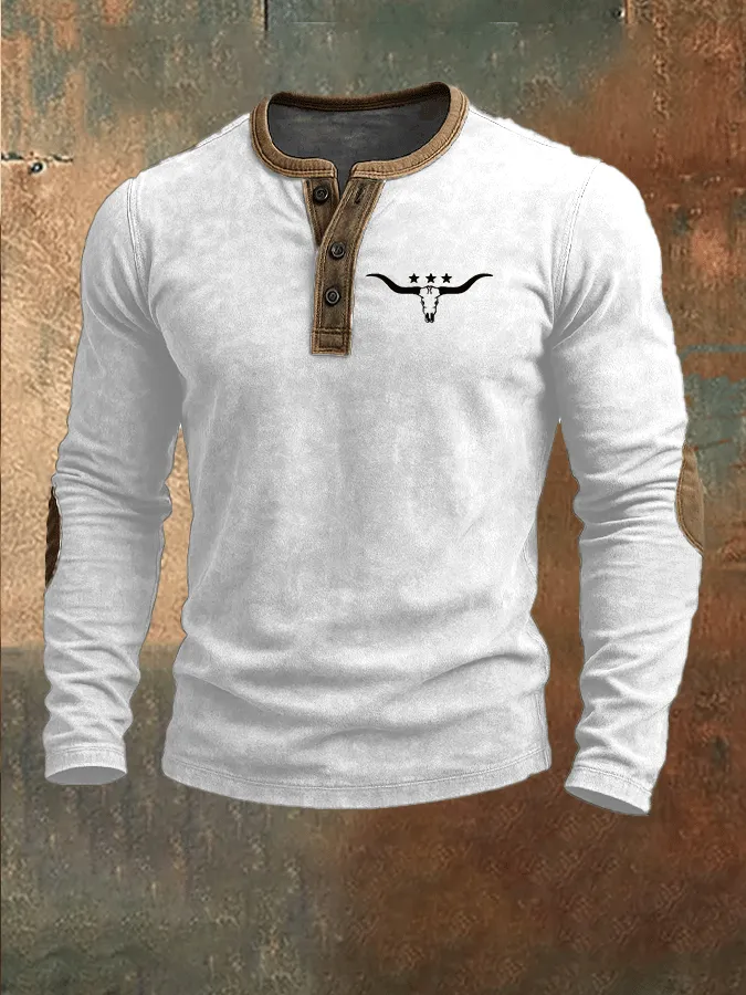 Men's Vintage Western Cow Print Henley Neck Top