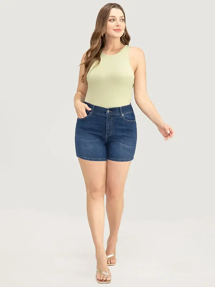 Very Stretchy High Rise Slant Pocket Denim Shorts