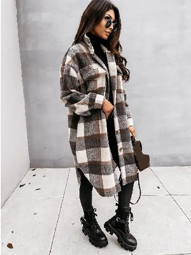 Women's Wool Blend Coat Winter Plaid Shacket Jacket Fall Long Pea Coat with Pockets Single Breasted Over Coat Trench Coat Gray Khaki Brown Modern Street S M L XL XXL / Winter