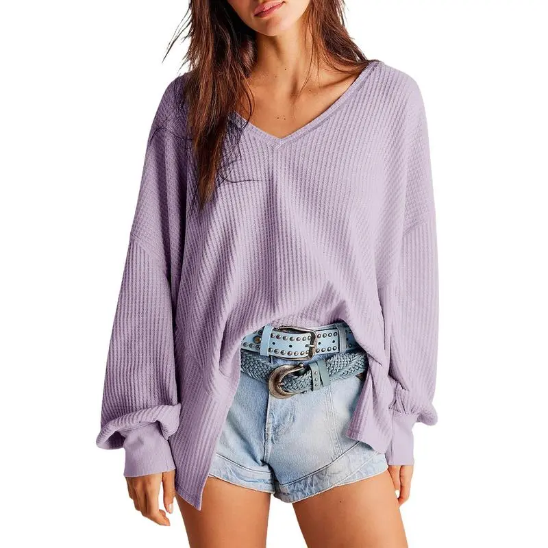 Women's Waffle Knit Top – V-Neck Oversized Lantern Sleeve Blouse