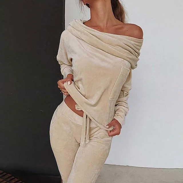 Women's Shirt Pants Sets Velvet Casual Daily Elegant Fashion Streetwear Long Sleeve Off Shoulder Black Fall & Winter
