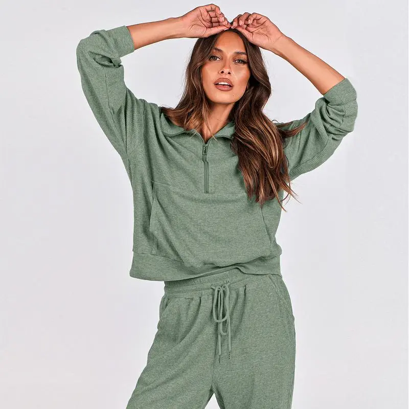 Autumn Essential Women's 2-Piece Half-Zip Sweatsuit – Comfy Pullover & Joggers Set