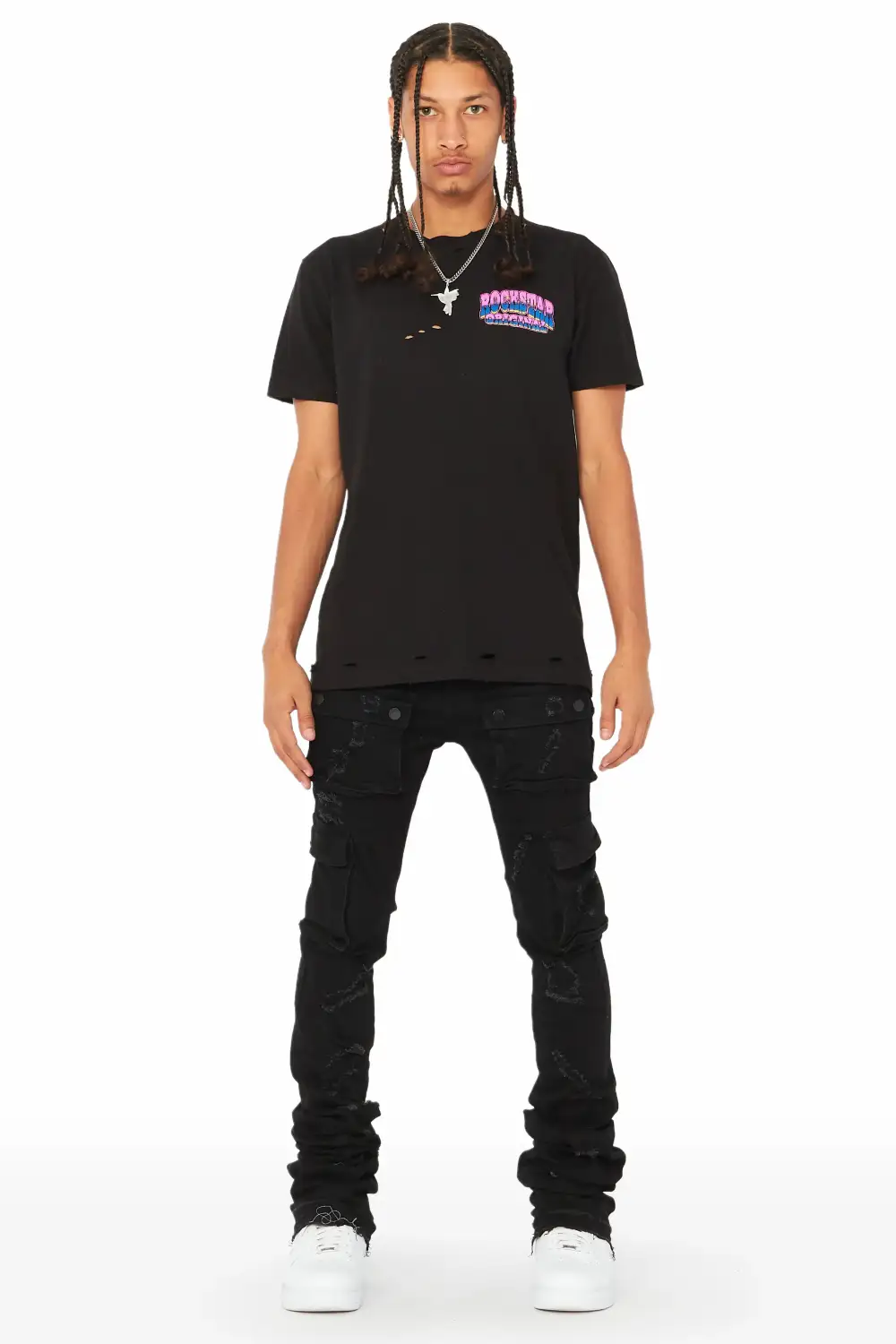 Zaire Black Cargo Super Stacked Flare Jean