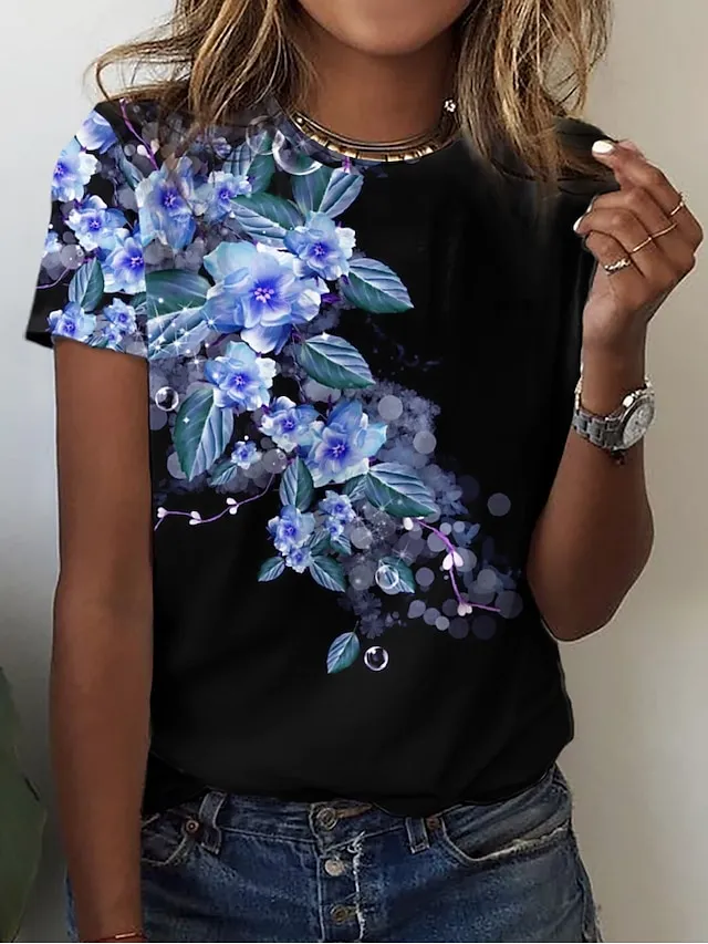 Women's T shirt Tee Yellow Pink Blue Floral Print Short Sleeve Holiday Weekend Basic Round Neck Regular Fit Floral Painting