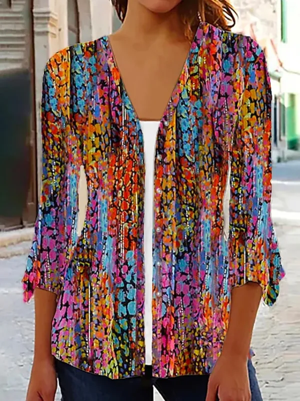 Women's Shirt Blouse White Red Purple Graphic Floral Print 3/4 Length Sleeve Casual Basic V Neck Regular Floral S