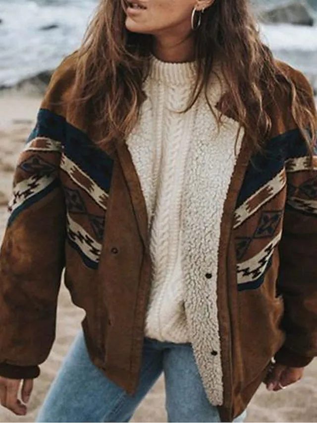 Women's Winter Coat Vintage Jacket Warm Breathable Street Daily Wear Vacation Going out with Pockets Fleece Lined Print Single Breasted Lapel Casual Street Style Geometric Regular Fit Outerwear Long