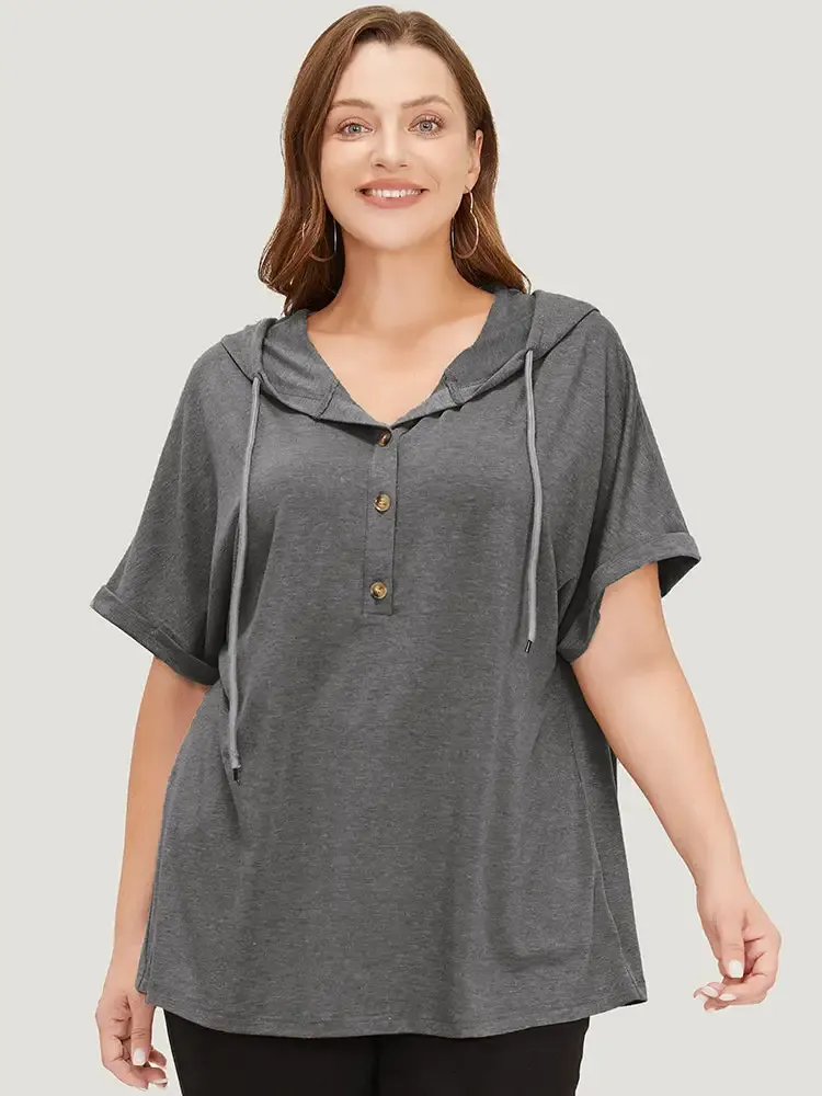 Plain Drawstring Roll Sleeve Button Up Hooded T-shirt