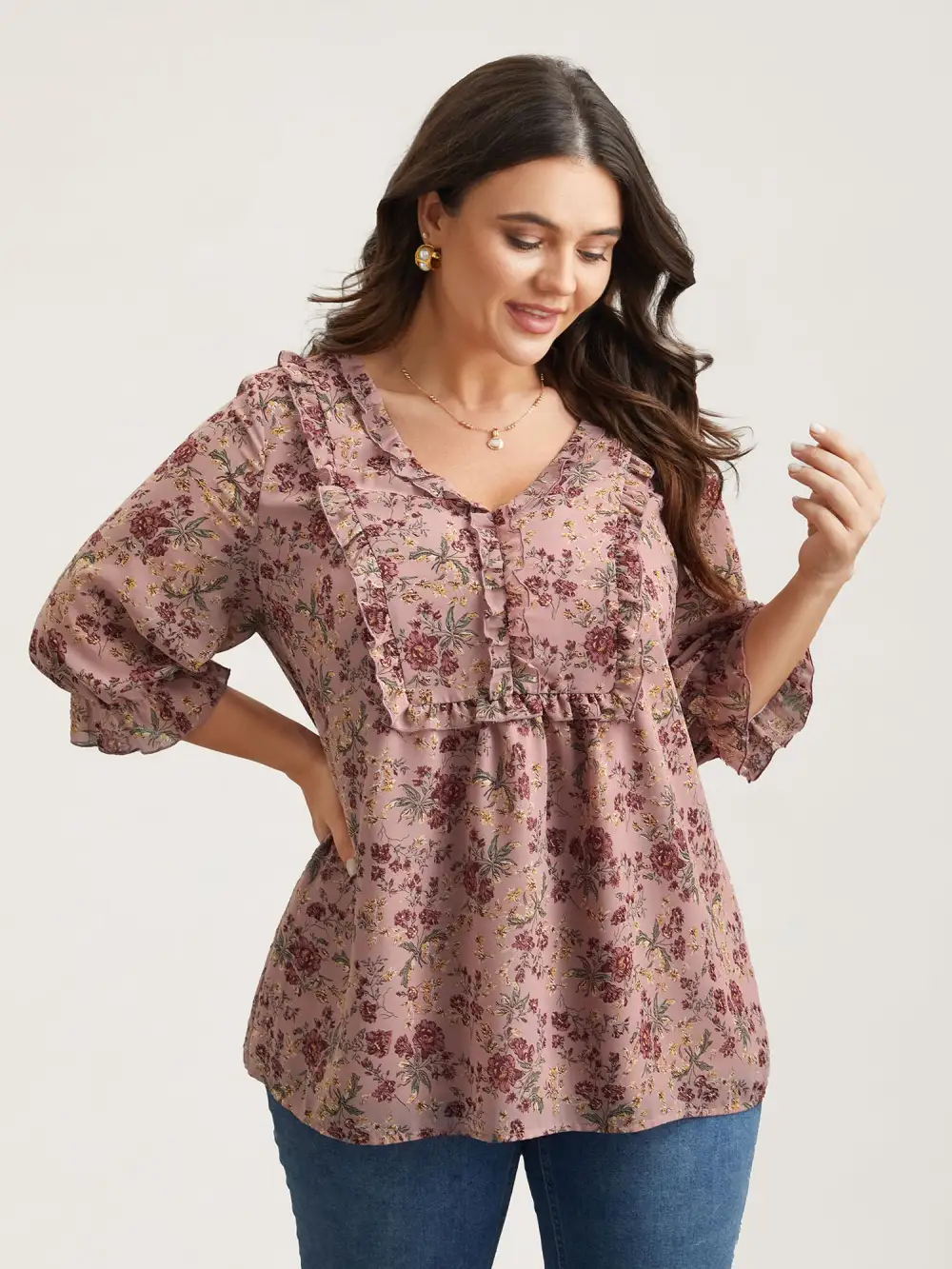 Chiffon Floral Print Ruffled Neck Flowy Shirt