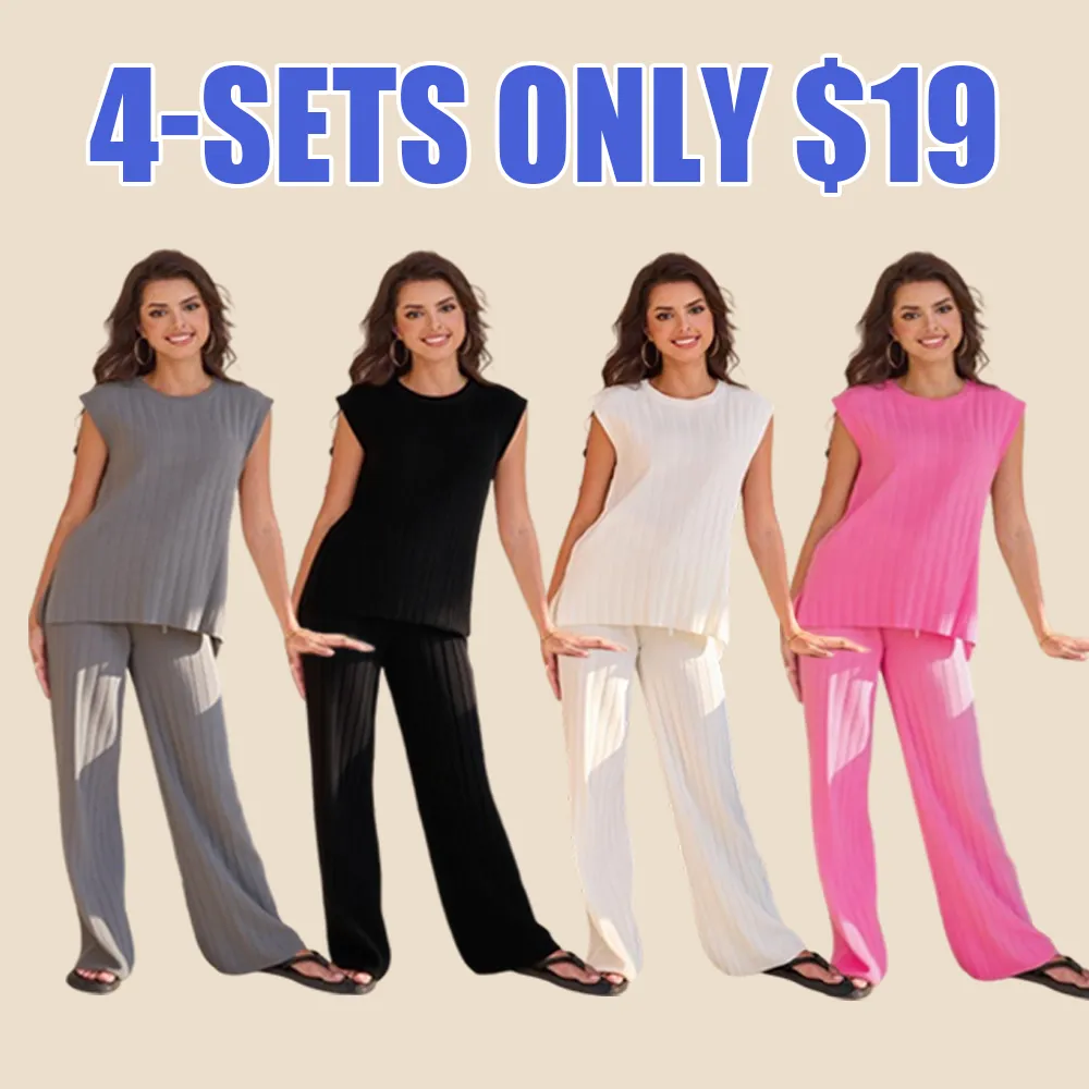 Women's 2-piece summer knit lounge set: short-sleeve pullover + high-waisted wide-leg pants.