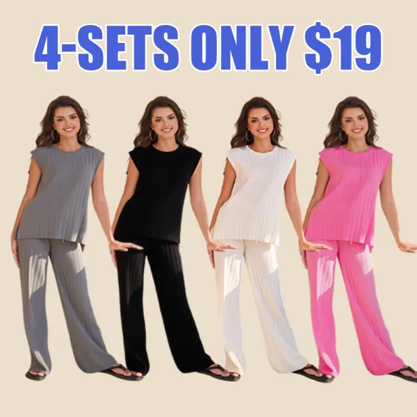 Women's 2-piece summer knit lounge set: short-sleeve pullover + high-waisted wide-leg pants.