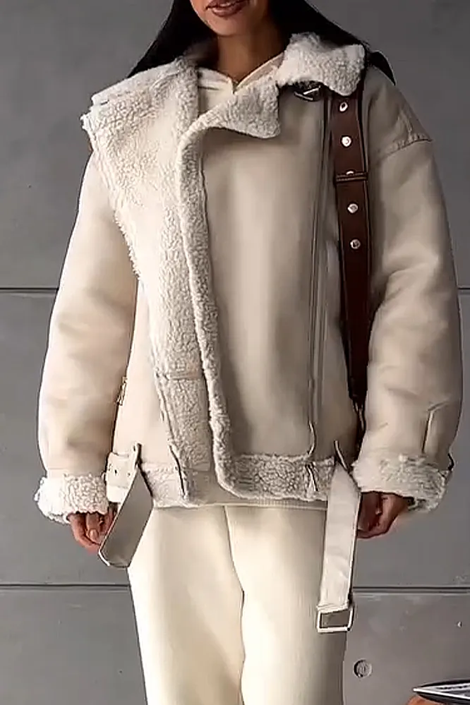 Women's Solid Color Casual Knitted Set and Lamb Fleece Jacket