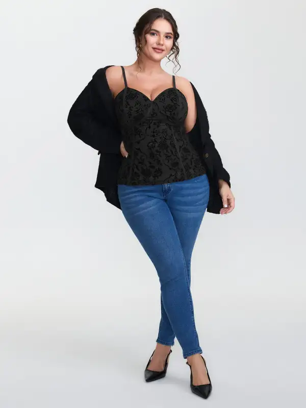 Flocked Floral Stretchy Mesh Lace Tank Top