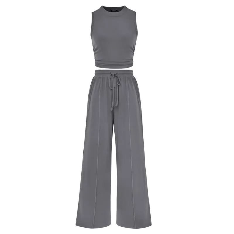 Women's Summer Ribbed Knit 2-Piece Set – Sleeveless Crop Top & Wide-Leg Pants
