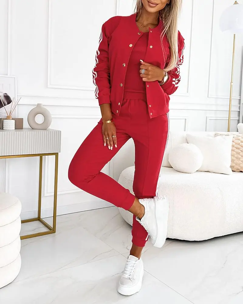 3 Piece Outfits Matching Sets Striped Tape Patch Tank Tops Button Front Jacket Cuffed Pants with Pockets Tracksuit