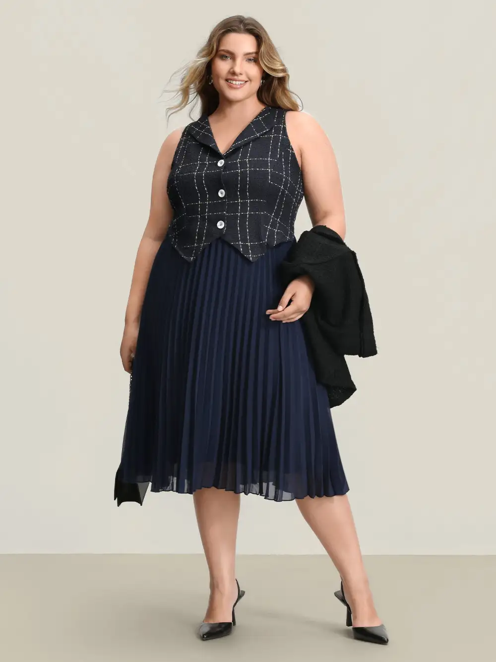Plaid Pleated Skirt Contrast Vest Midi Dress