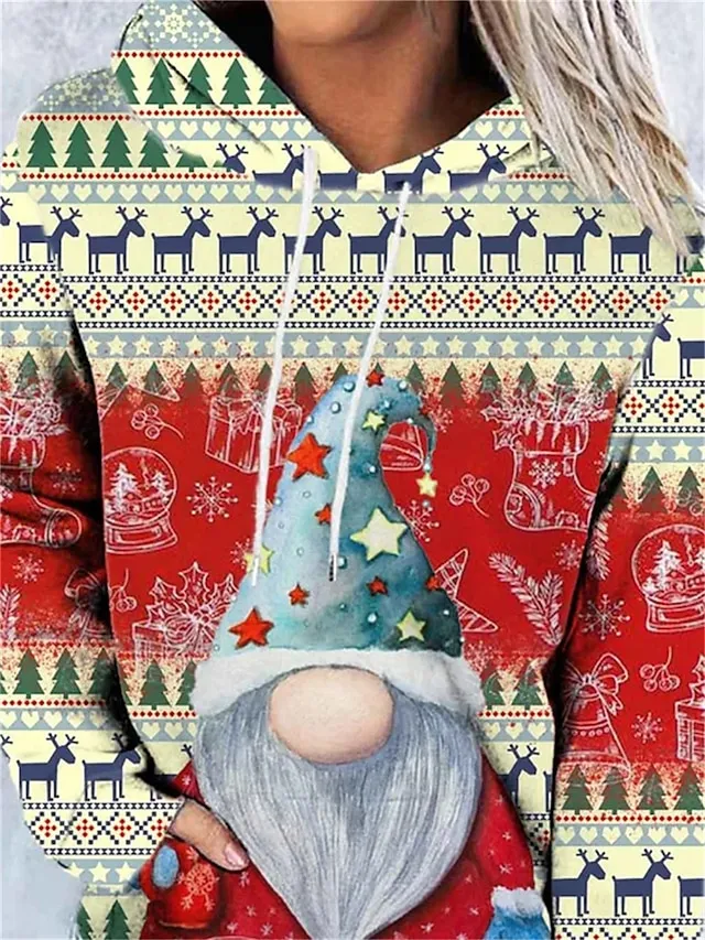 Women's Pullover Christmas Sweatshirt Active Sports Drawstring Front Pocket Red Christmas Tree Gnome Christmas Casual Hoodie Long Sleeve Top Micro-elastic Fall & Winter