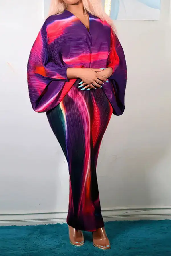 Abstract Print Stylish Batwing Sleeve Midi Dress
