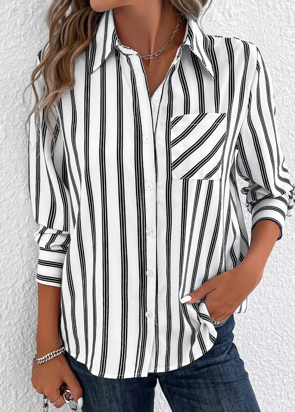 White Pocket Striped Long Sleeve Shirt Collar Blouse