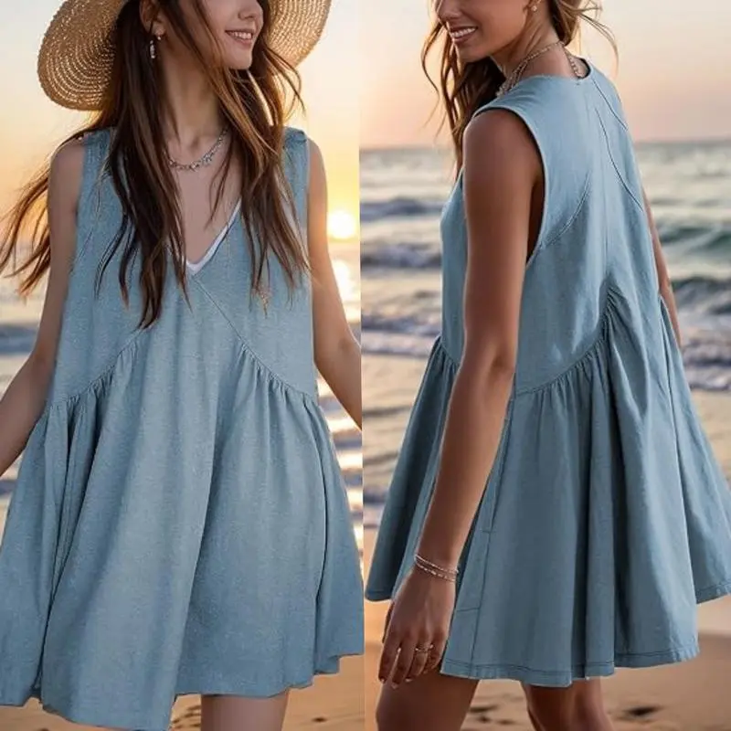 Womens Summer Sleeveless Mini Dress Casual Loose V Neck Sundress with Pockets