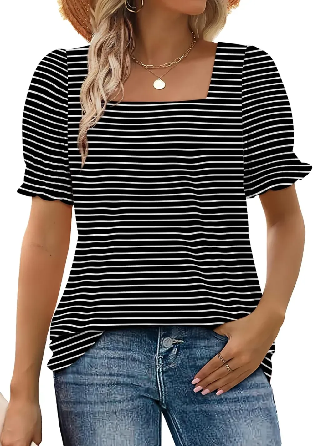 ✨Women's Square Neck  Smocked Sleeve T-Shirt Casual Top