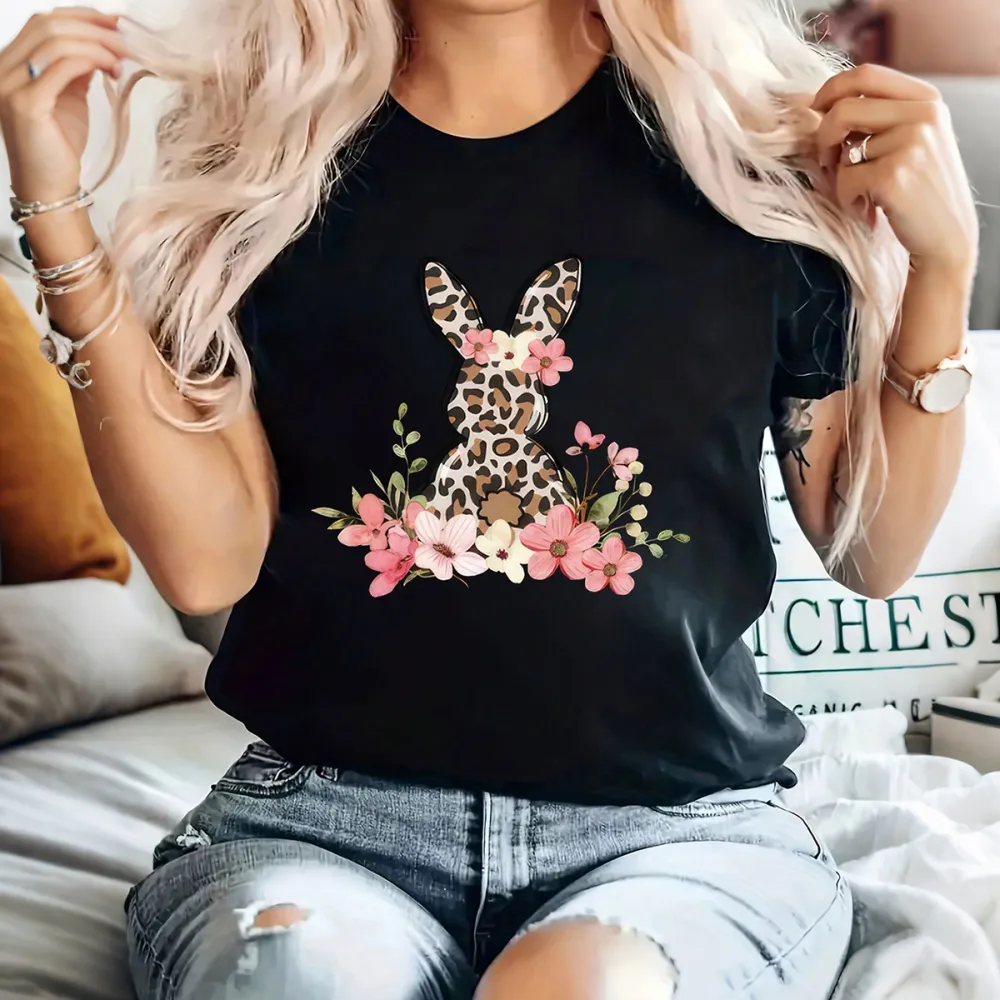 Happy Easter Printed Round Neck Short Sleeve T-Shirt